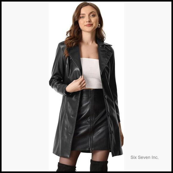 Faux Leather Trench Coat with Notched Lapel Collar and Belt